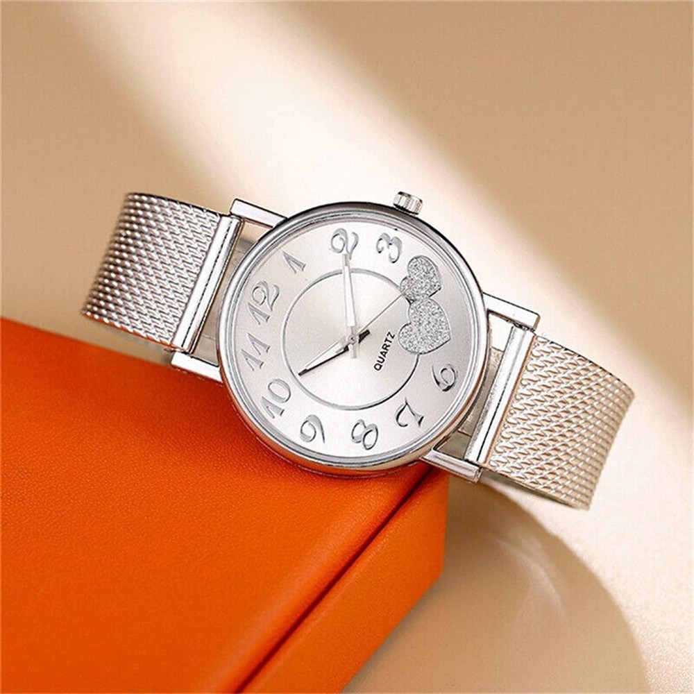 Fashion New Women Stainless Steel Double Heart Watches Quartz Analog Wrist Watch